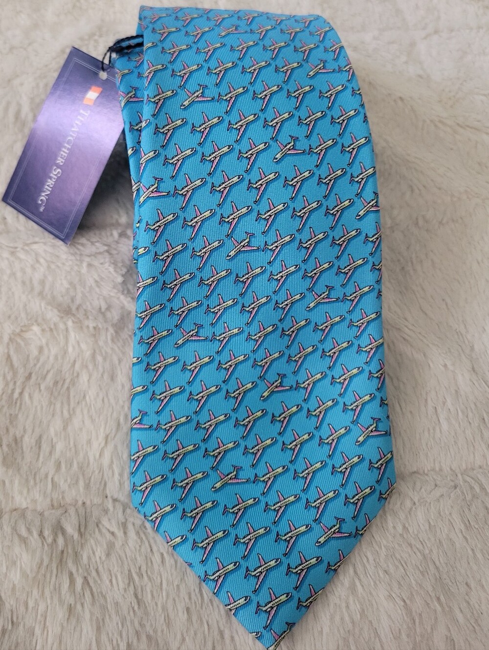 Men's Sky Blue Airplane-print Silk Tie by Thatcher Spring Handmade In USA